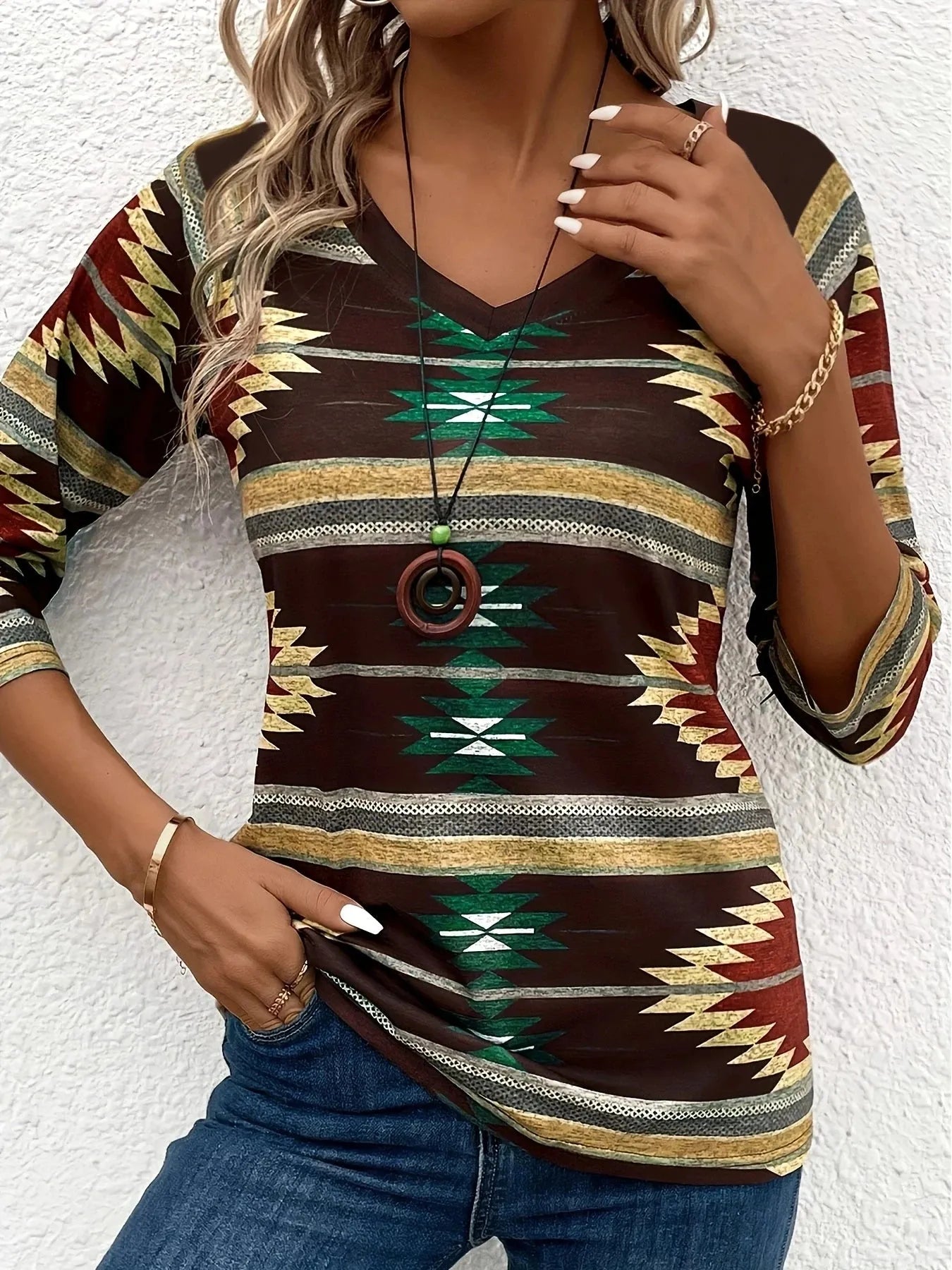 Women's fashionable ethnic style geometric V-neck long sleeved top - Shop & Buy