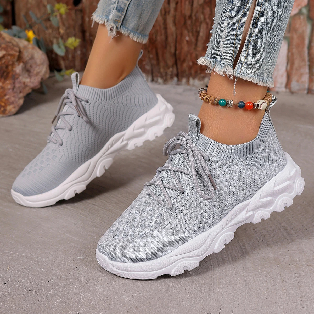 Knitted Chunky Sneakers Women Breathable Solid Color Lace Up Running Sports Shoes Woman Casual Comfy Walking Trainers Plus Size