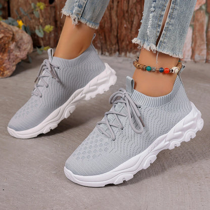 Knitted Chunky Sneakers Women Breathable Solid Color Lace Up Running Sports Shoes Woman Casual Comfy Walking Trainers Plus Size