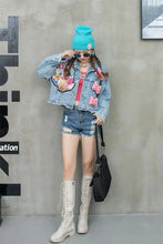 Load image into Gallery viewer, New Women Coat Cartoon Sticker Embroidered Sequin Short Denim Jacket Loose Bowknot Top
