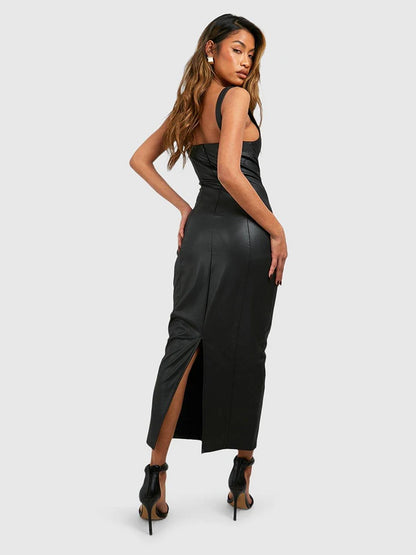 Women Black Matte Leather Tank Dress Back Hem Split Elegant Stretch PU Bodycon Maxi Dess Ladies Slim Square Neck Dress