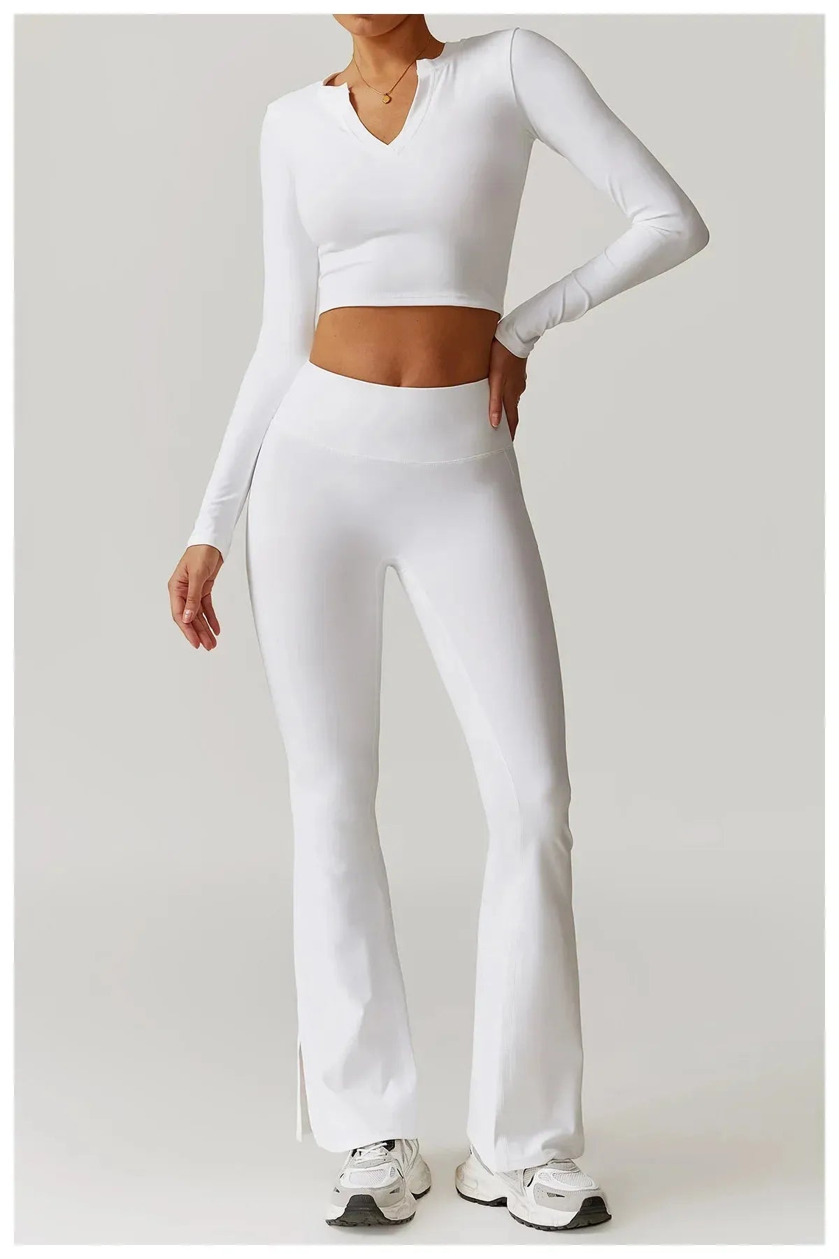 Women's Long Sleeve Yoga Set V Neck Shirt Top Sport High Waist Flare Leggings Suit Tracksuit Slim Fit Two Piece Fitness Outfits - Shop & Buy