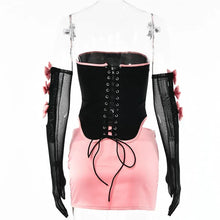 Load image into Gallery viewer, Sexy Strapless Bows Trim Women Two Piece Sets Black Gloves Tops Pink Skirts
