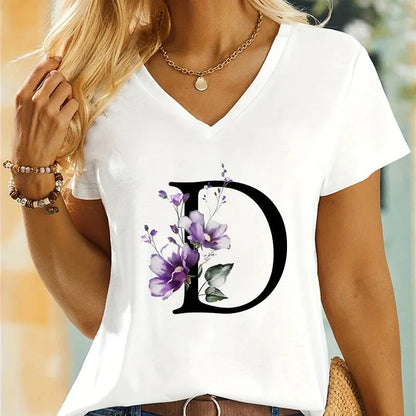 Women's Clothing A-Z 26 Alphabet Flower Premium Summer T-shirt - Shop & Buy