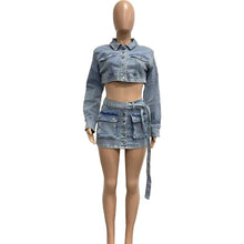 Load image into Gallery viewer, Vintage Denim Skirts 2 Piece Set Women Sexy Button Pockets Jackets Crop Tio + Mini Skirts Skinny Club Party Outfits