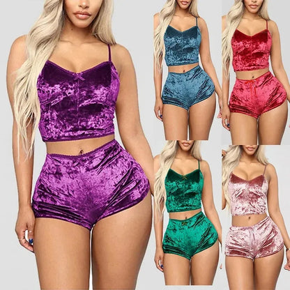 Women's Velvet Polyester Comfortable V-neck Underwear Setcamisole+shorts Pajamas Set - Shop & Buy