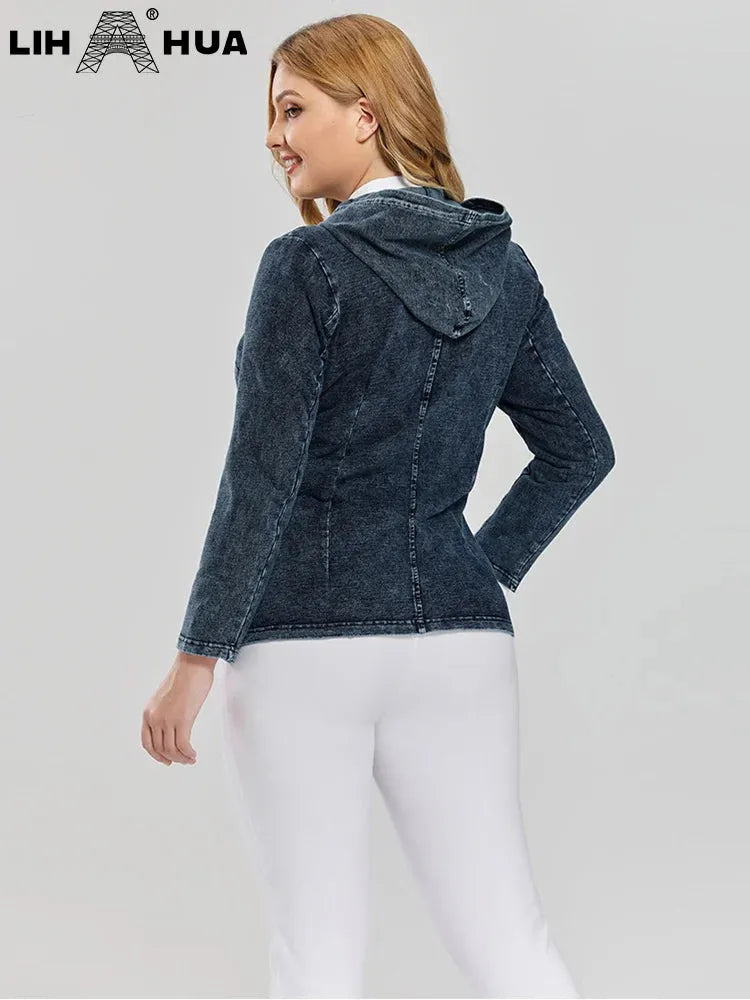 Women's Plus Size Hooded Denim Jacket Fall Stretch Cotton Knit Long Sleeve Casual Jacket - Shop & Buy