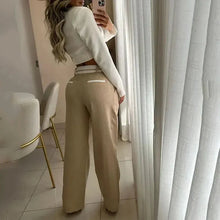 Load image into Gallery viewer, 2 Piece Set Women Office Casual Solid Laple Long Sleeve High Waist Single Button Shirt Loose Wide Legs Pants Sets
