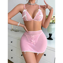 Load image into Gallery viewer, Lace Bow Mesh Erotic Lingerie Nightwear Women Transparent Mini Bra+Skirt+Thongs Fashion Sheer Sexy Underwear Suits
