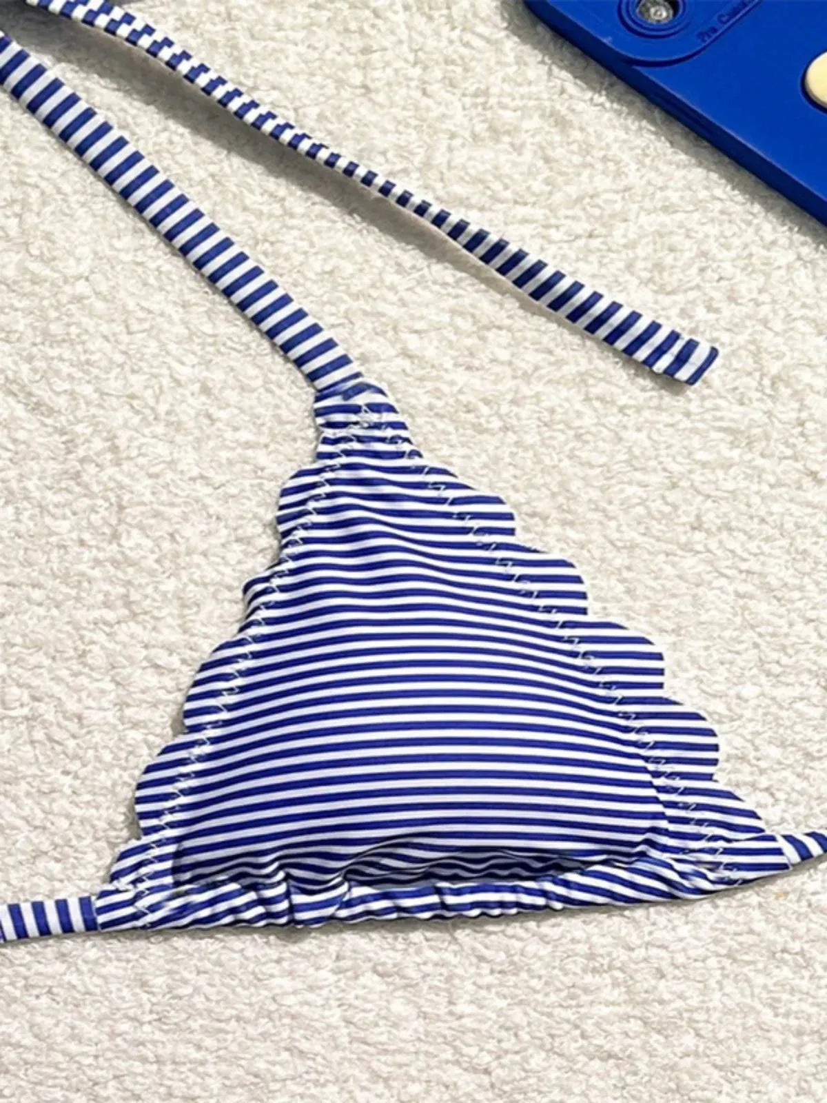 Women's Blue Stripe Print Two Piece Swimsuit Sexy Mini Triangle Cup Bra Halter Backless Bikini Set - Shop & Buy