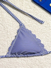 Load image into Gallery viewer, Women&#39;s Blue Stripe Print Two Piece Swimsuit Sexy Mini Triangle Cup Bra Halter Backless Bikini Set
