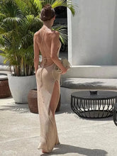 Load image into Gallery viewer, Beach Sexy Knitted Backless See-through Slit Halter Slip Long Dress Holiday Vacation Off Shouder Summer Maxi Dresses
