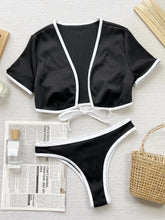 Load image into Gallery viewer, Sexy Short Sleeve Bikinis Sets Women Black Patchwork Front Tie Push Up Thong Swimsuit
