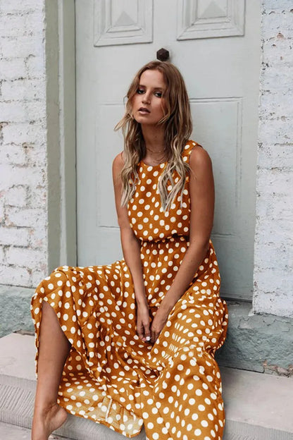 Women Y2K Long Skirt Printed Polka Dot Dress Round Neck Tank Skirt Elegant Female Dress Summer Sleeveless Outfits - Shop & Buy