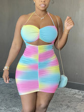 Load image into Gallery viewer, Plus Size Tie-dye Backless Ruched Mini Dress Full Print Rainbow Sleeveless
