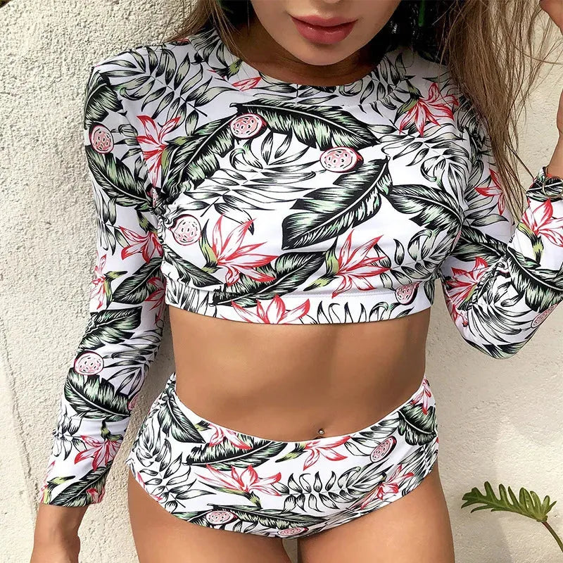 Women's Flower Print Swimsuit Two Piece Set Long Sleeve Conservative High Waist Swimwear Beach Vacation Bikini Bathing Suit - Shop & Buy