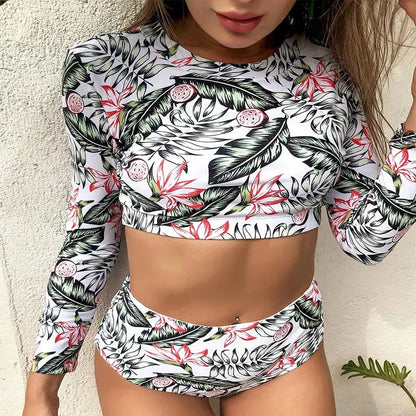 Women's Flower Print Swimsuit Two Piece Set Long Sleeve Conservative High Waist Swimwear Beach Vacation Bikini Bathing Suit - Shop & Buy