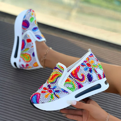 Rainbow Embroidered Platform Loafers for Women Summer Breathable Mesh Sneakers Woman Plus Size Lightweight Slip On Casual Shoes