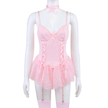 Load image into Gallery viewer, Fancy Sexy Lingerie Girly Pink Corset Dress With Stocking g-String Tightening Matching 5-Piece Sissy Lace Kit
