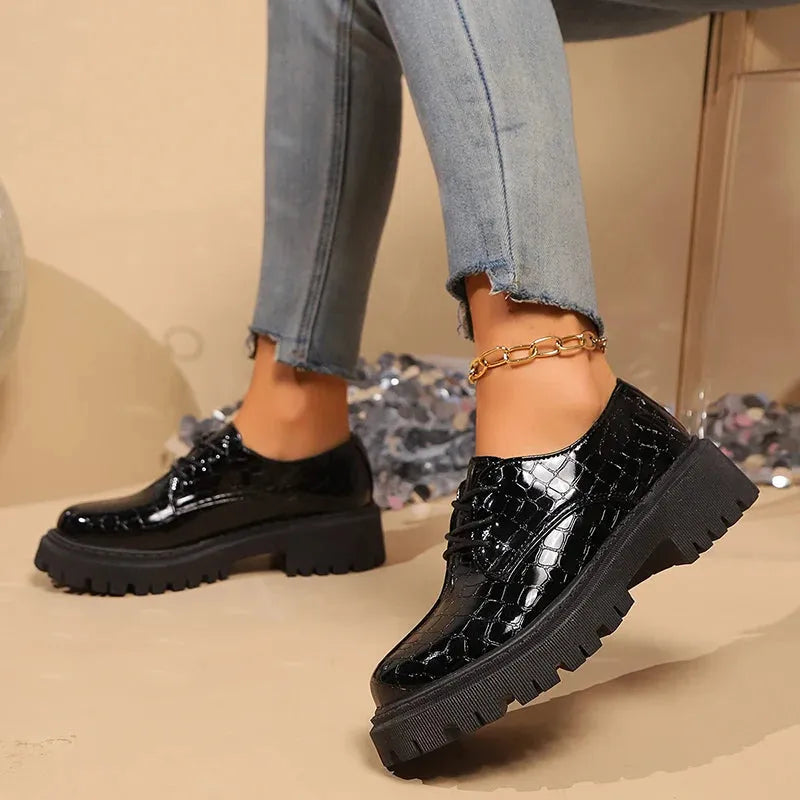 Women's Solid Color Chunky Platform Oxfords Fashion Lace Up Patent Leather Shoes Woman Round Toe Preppy Dressy Shoes - Shop & Buy