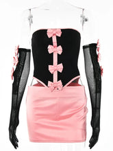 Load image into Gallery viewer, Sexy Strapless Bows Trim Women Two Piece Sets Black Gloves Tops Pink Skirts
