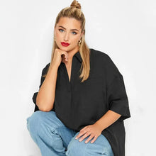 Load image into Gallery viewer, Plus Size V-neck Spring Autumn Elegant Hi Low Blouse Women Loose 3/4 Sleeve Black Tunic Tops Large Size
