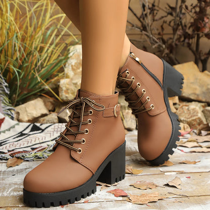 Women's Chunky Heeled Ankle Boots Fashion Metal Buckle Zip Lace Up Platform Booties - Shop & Buy