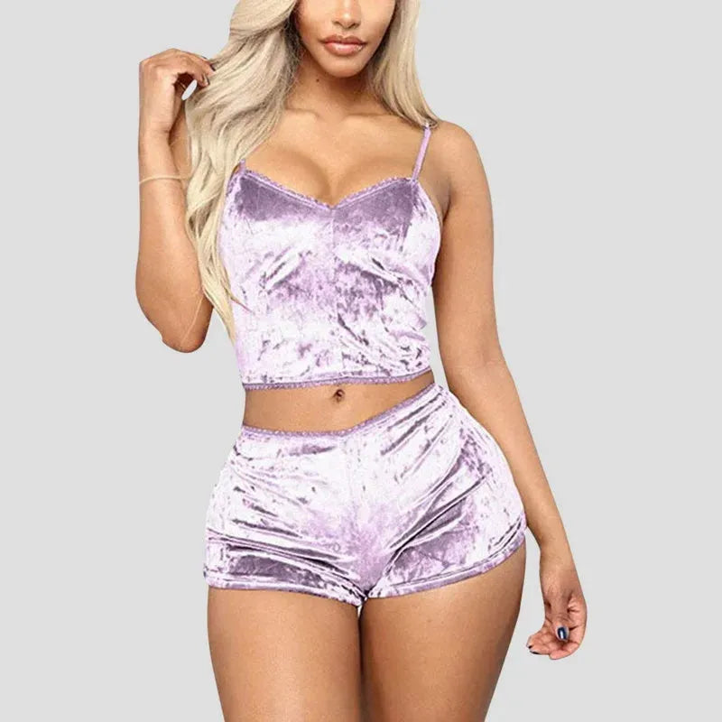 Women's Velvet Polyester Comfortable V-neck Underwear Setcamisole+shorts Pajamas Set - Shop & Buy