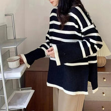 Load image into Gallery viewer, Striped Turtleneck Sweater Women&#39;s Long-sleeved Loose Outer Slit Top Warm Thickened Knit Casual Streetwear
