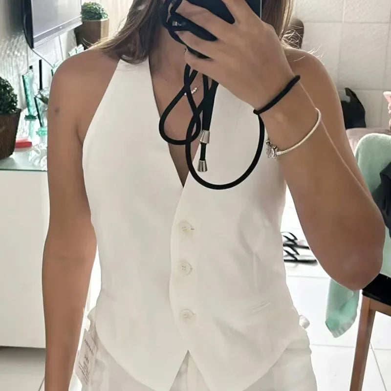 Off Shoulder Vests For Women Backless Halter Neck Sleeveless Vest Woman Summer Vest V Neck Black White Grey Waistcoat Women