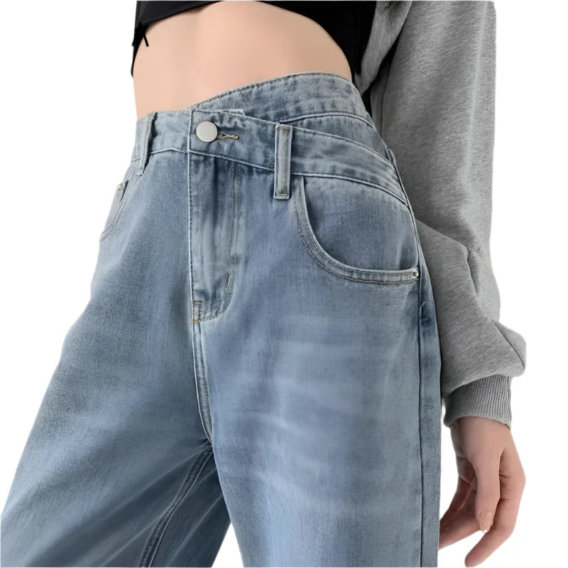 Baggy Straight Jeans Y2K Office Lady Women's Loose Pants Fashion Light Blue Cross High Waisted