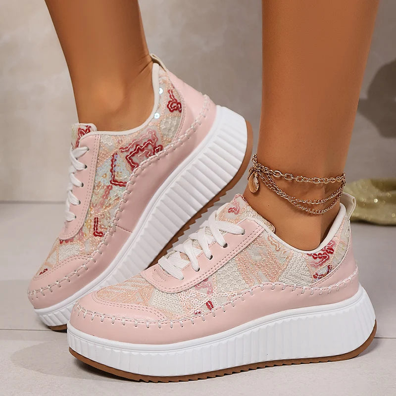 Fashion Glitter Platform Sneakers for Women Spring Lace Up Pink Sports Shoes Woman Plus Size Thick Bottom Walking Shoes