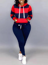 Load image into Gallery viewer, Plus Size Striped Drawstring Tracksuit Set Autumn Women Hoodie Pants Set
