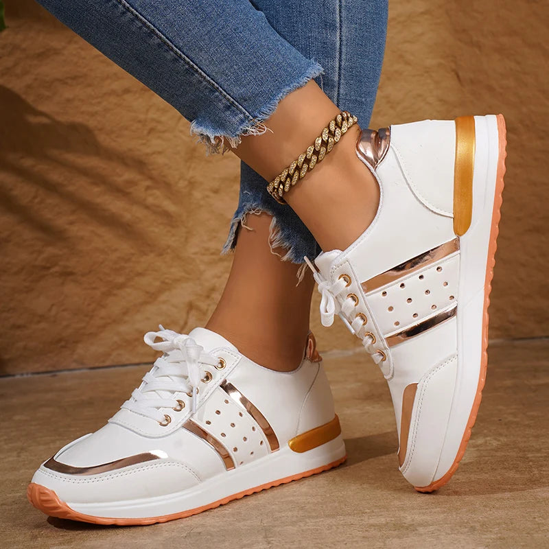 Fashion White Platform Sneakers for Women Spring Lightweight Lace Up Sports Shoes Woman Non Slip Pu Leather Casual Sneakers