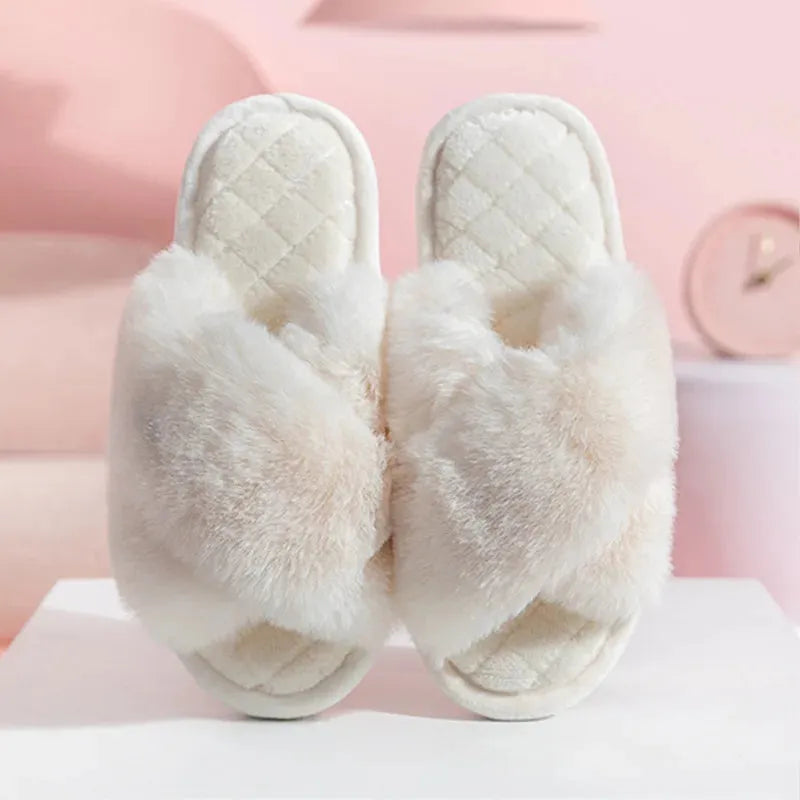 Women's Cross Band White Fur Slippers Winter Warm Plush Soft House Slippers for Women - Shop & Buy