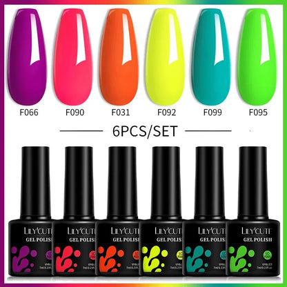 6Pcs/Set Fluorescent Neon Colors Gel Nail Polish Set Vernis Semi Permanent Soak Off UV Nail Art Gel for Home Nails DIY - Shop & Buy