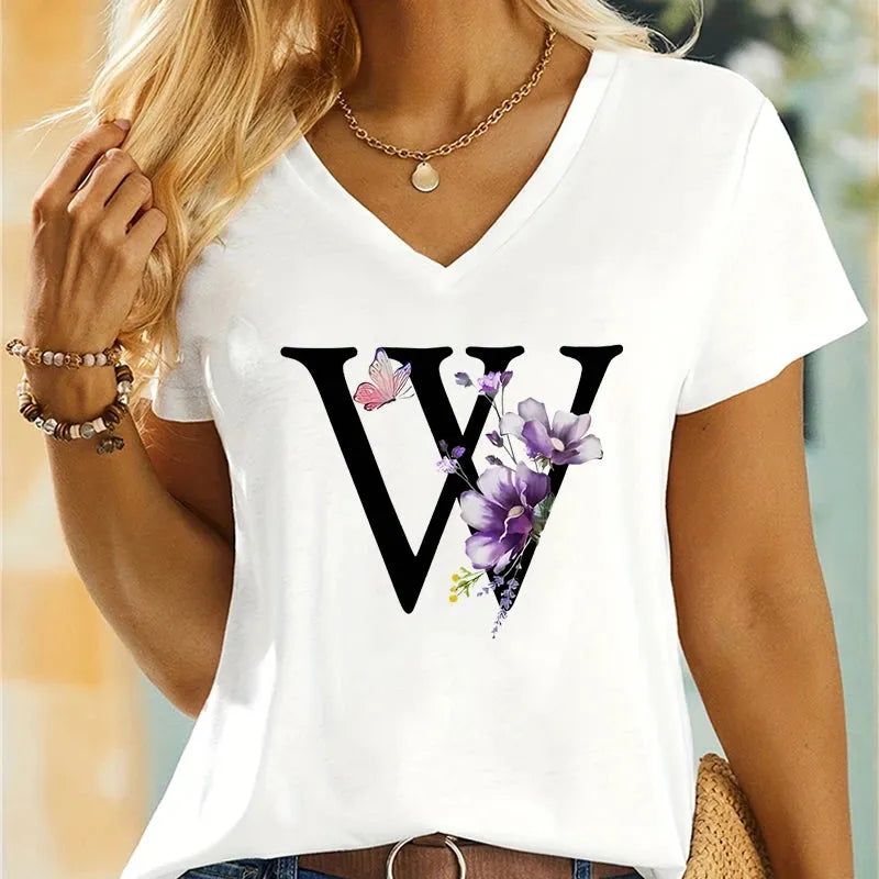 Women's Clothing A-Z 26 Alphabet Flower Premium Summer T-shirt - Shop & Buy