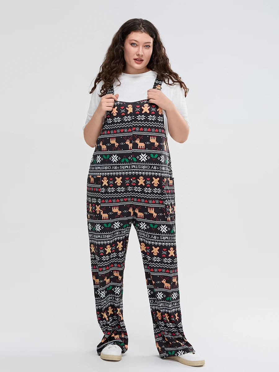 Women Plus Size Christmas Snowman Print V-Neck Sleeveless Wide Leg Jumpsuit with Belt and Pockets for Holiday Party