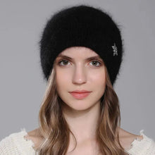 Load image into Gallery viewer, Hat For Women Winter Warm Fashion With Diamond Flower Beanies Knitted Angora Long Rabbit Fur Hats Double Layer Ladies Cap
