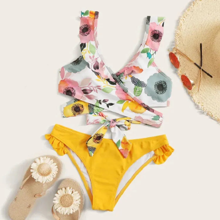 Yellow Flower Print Two Piece Swimsuit Sexy Cross V-neck Suspender Backless Bikini Set Ruffle Beach Vacation Bathing Suit - Shop & Buy