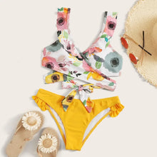 Load image into Gallery viewer, Yellow Flower Print Two Piece Swimsuit Sexy Cross V-neck Suspender Backless Bikini Set Ruffle Beach Vacation Bathing Suit
