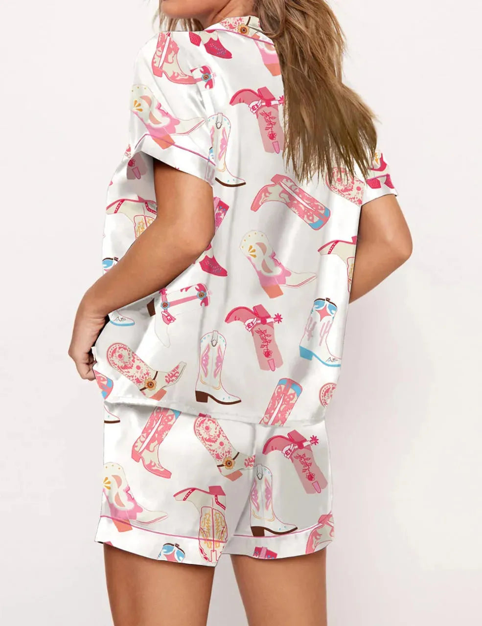 Y2k Bow Boots Print Satin Pajamas Short Set For Valentine's Day Satin Silk Pjs Sleepwear - Shop & Buy