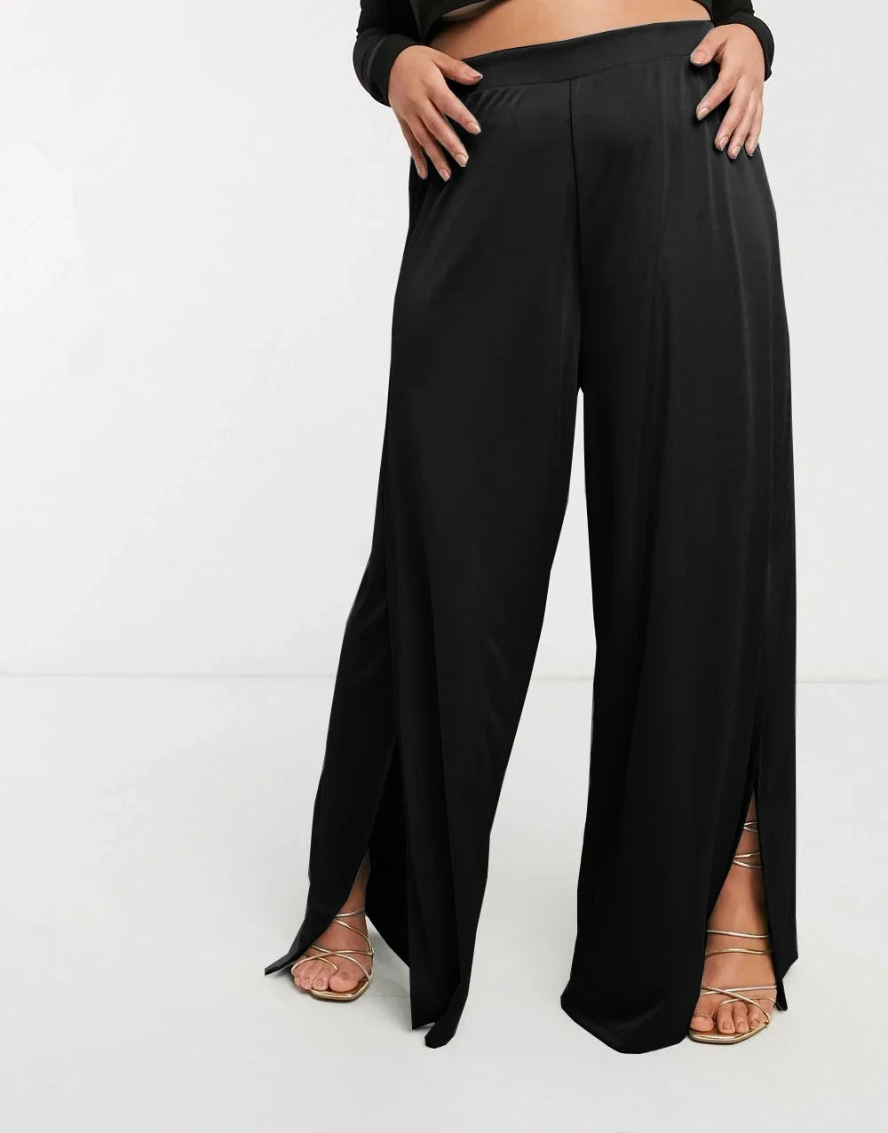 Womens Split Front Plus Size Wide Leg Pants High Elastic Waist Solid Black Modal Loose Summer Spring Elegant  Casual Pants 6XL - Shop & Buy