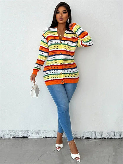 Autumn New Hollowed Out Contrasting Striped Long Sleeved Cardigan Loose Casual Knitted Jacket