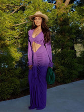 Load image into Gallery viewer, Sexy Purple Deep V-neck Hollow Out Pleated Maxi Dress Women Elegant Long Sleeves Bodycon Dresses
