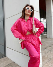 Load image into Gallery viewer, White Satin Wide Leg Trousers Suit for Women Spring Office Leopard Print Two-piece Set
