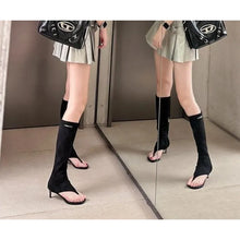 Load image into Gallery viewer, New Black Cat Heel Clip Toe Boots Elastic Soft Microfiber Flip-flops Knee Boots Women&#39;s Side Zip Low Heel
