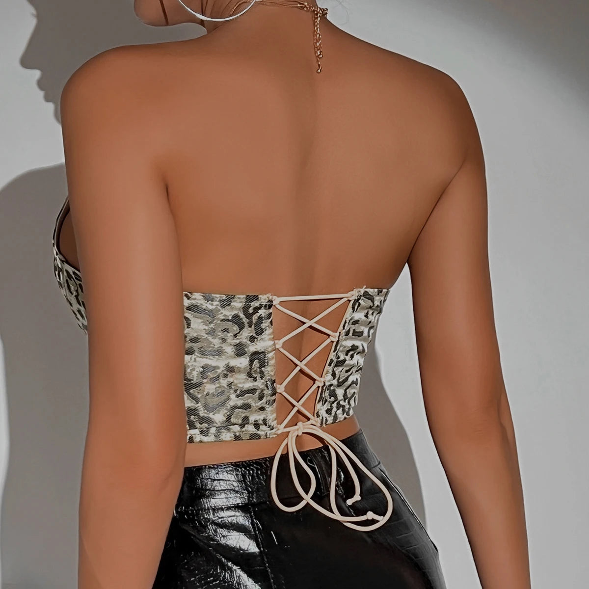 Y2K Skinny Bare Shoulder Vneck Sleeveless Crop Top Women,Nightclub Leopard Bandage Print Strapless Camisole Vest Corset