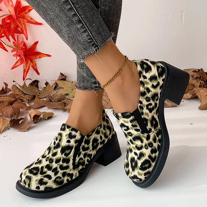 Fashion Leopard Print Pumps for Women Round Toe High Heels Dress Shoes Woman Spring Autumn Comfy Chunky Heel Women's Pumps