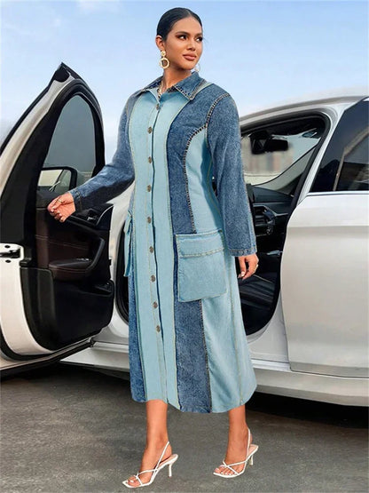 Plus Size Denim Dresses Women Long Sleeve Casual Button Pockets Striped Maxi Dress Fall Clothes